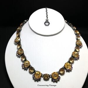 Vintage Gold Rhinestone Necklace, Lavender Rhinestones, Gunmetal, 20 In